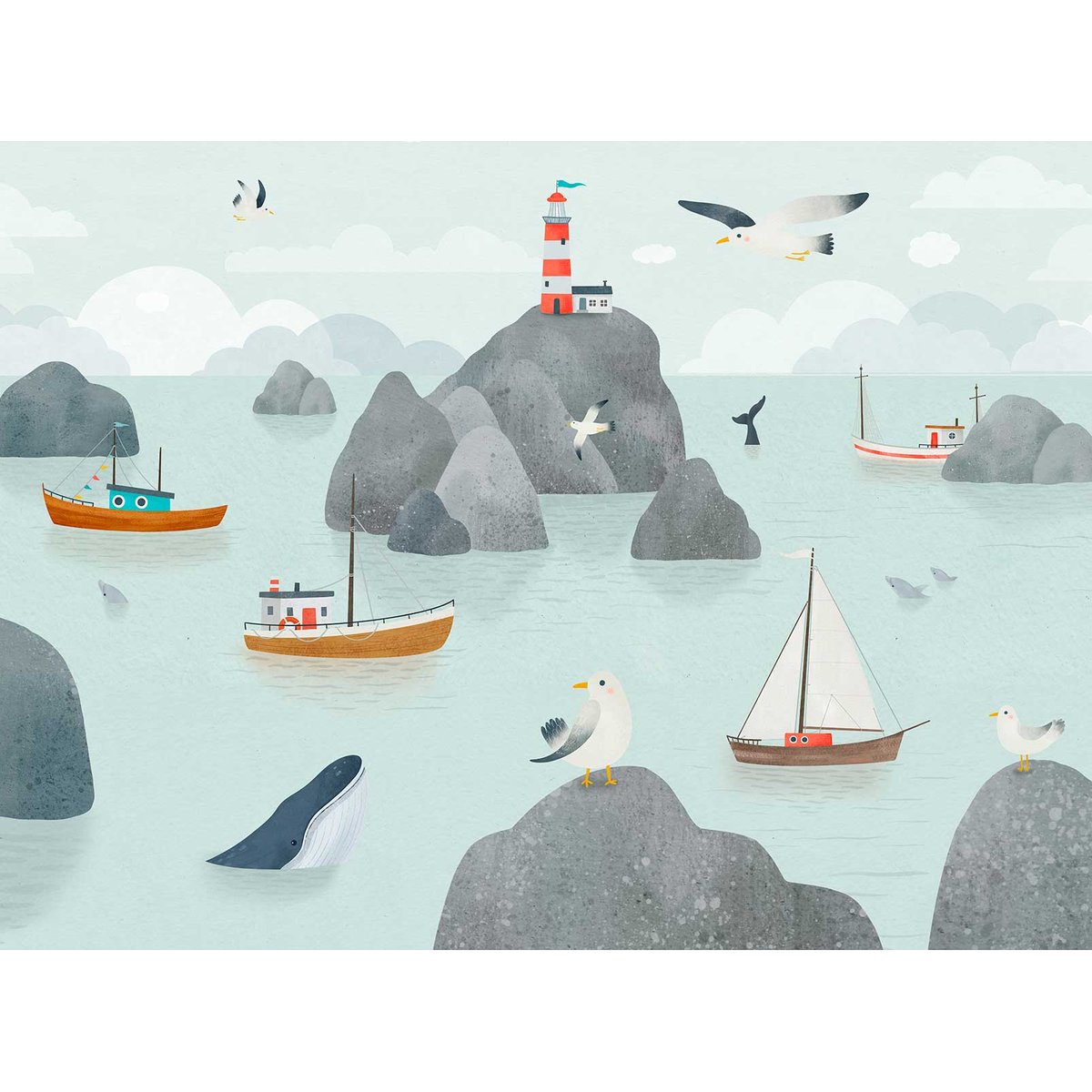 Papier peint baleine chambre enfant bleu, HEXOA