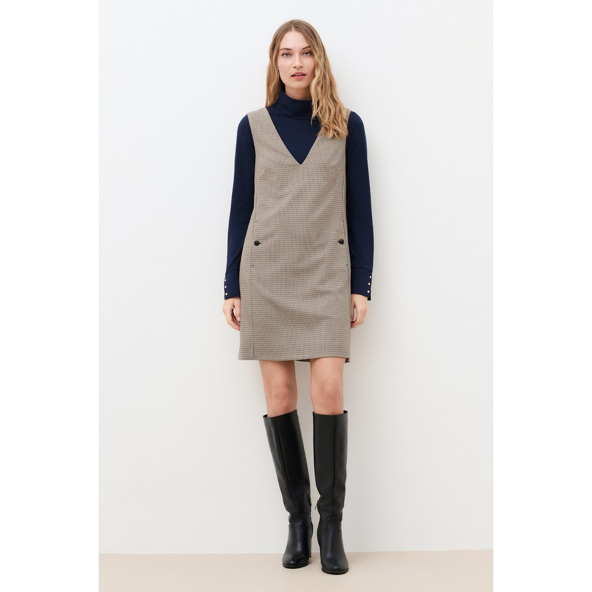 Robe courte col v laine RMILOR taupe, CAROLL