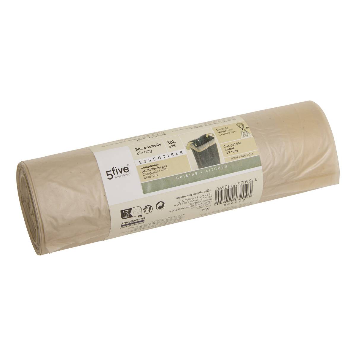 Rouleau de 20 sacs poubelle 30L ambre, 5FIVE SIMPLY SMART