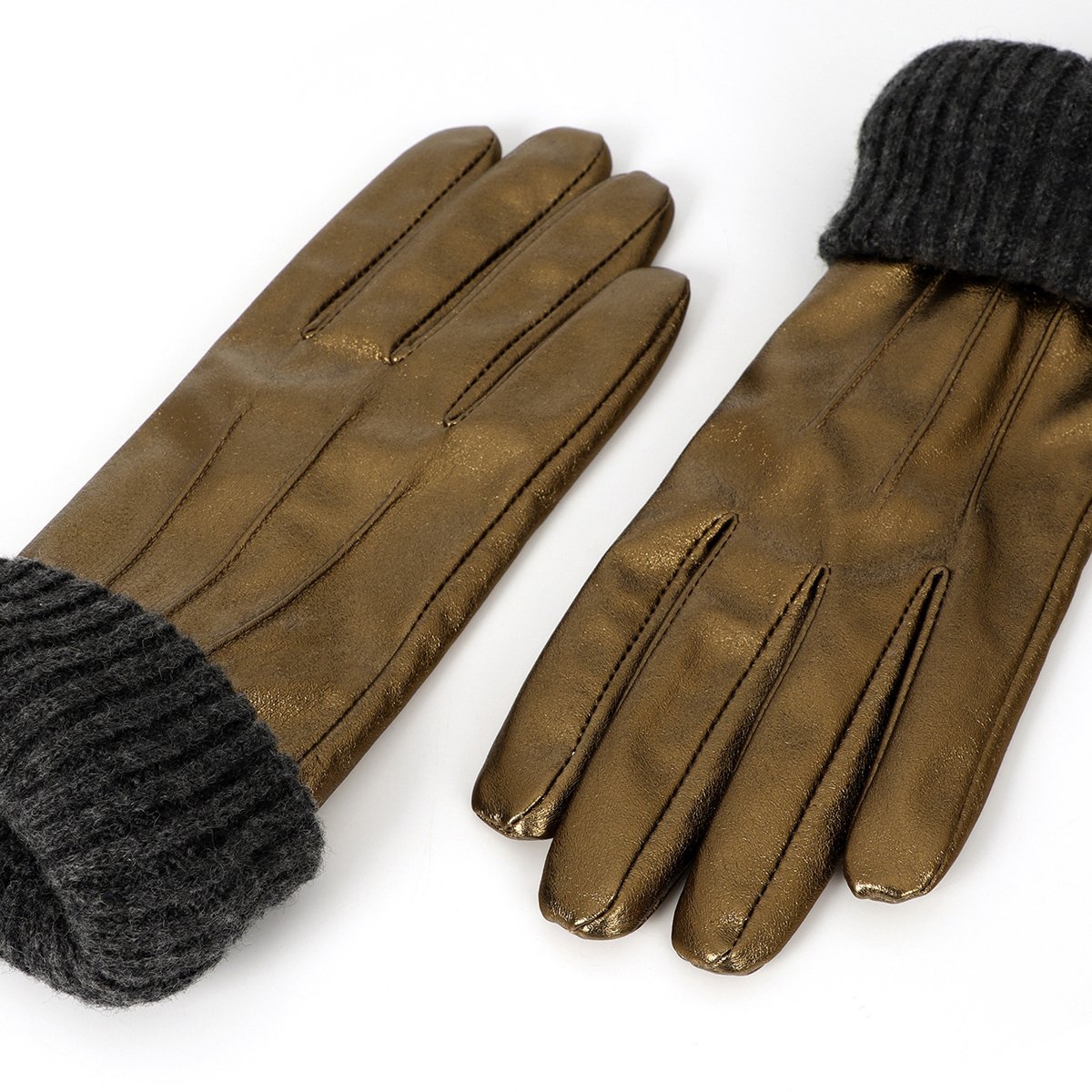 Gants effet cuir métallique à poignet tricoté bronze, LOLA CASADEMUNT