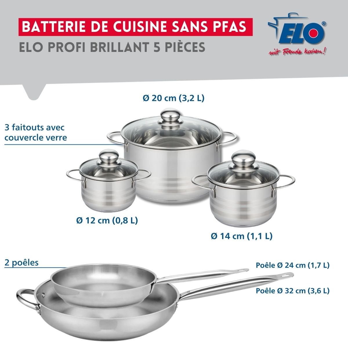 Batterie 2 poêles 24/32cm + 3 faitouts 12/14/20cm PROFI BRILLANT gris, ELO