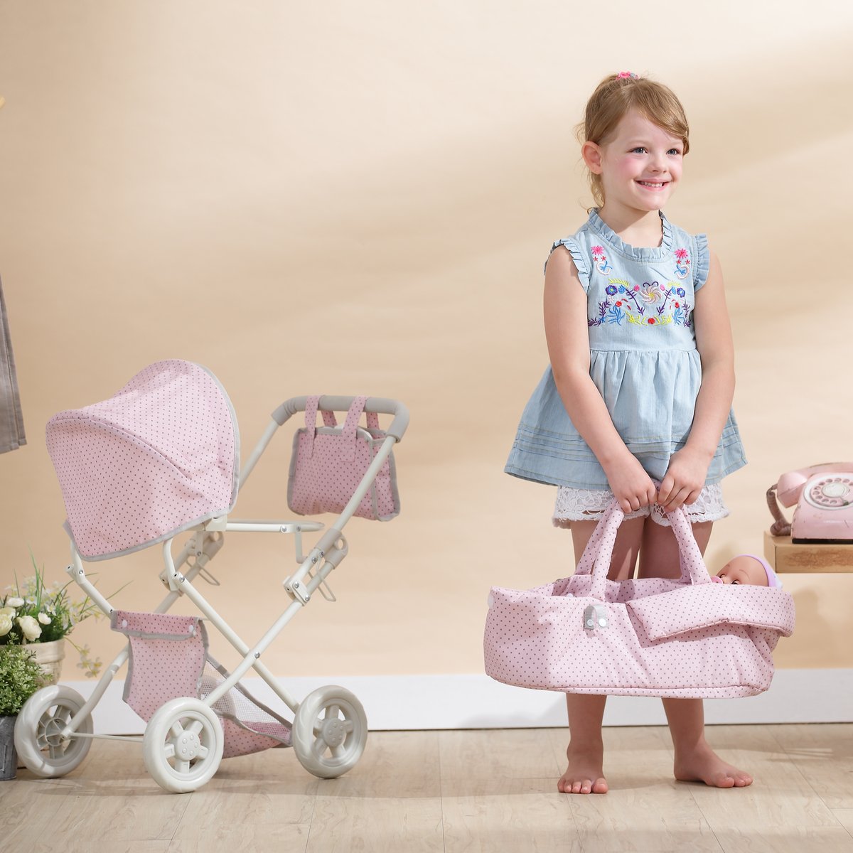 Poussette Landau Poupée avec Capote et Panier rose, TEAMSON KIDS