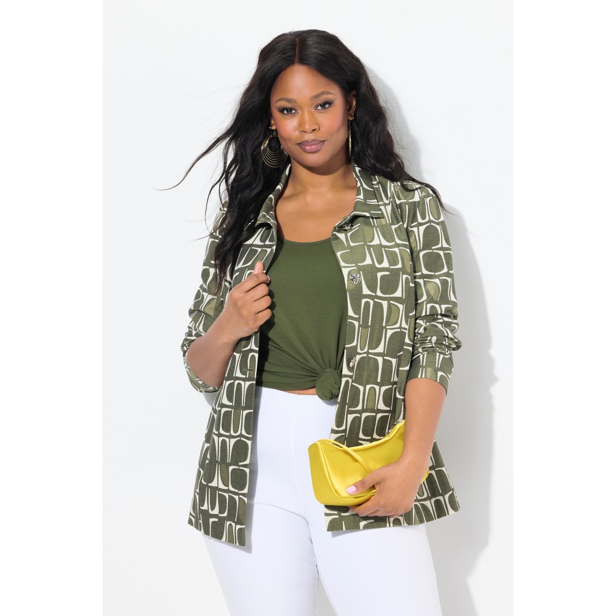 Veste, motif jacquard. Col chemise olive foncé, ULLA POPKEN