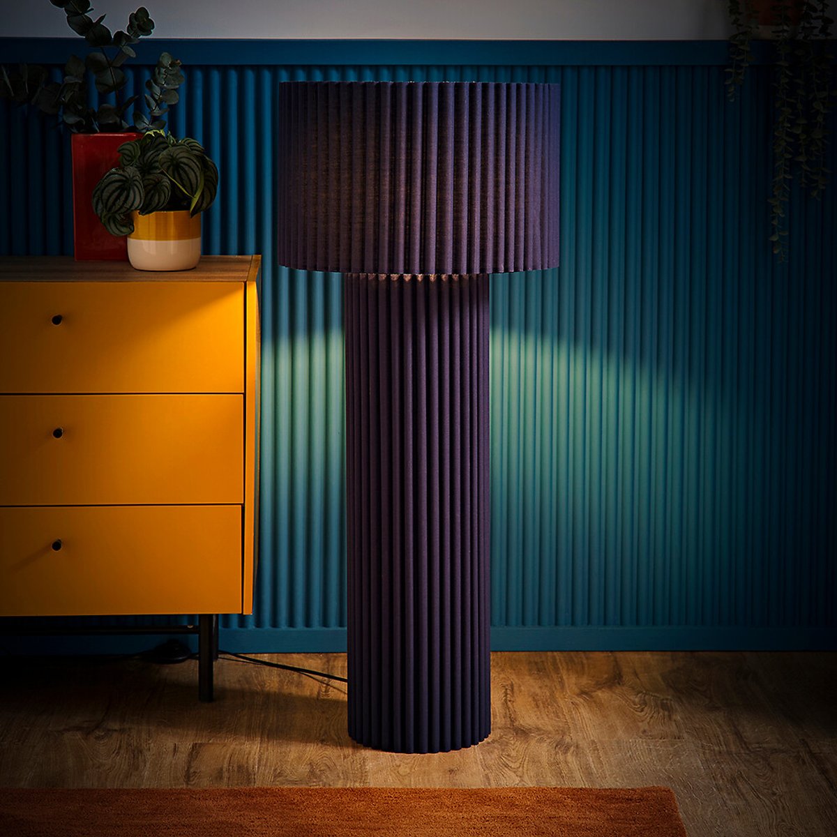 Lucinda Colour Drench Ribbed Full Fabric Midi Floor Lamp blue, SO'HOME