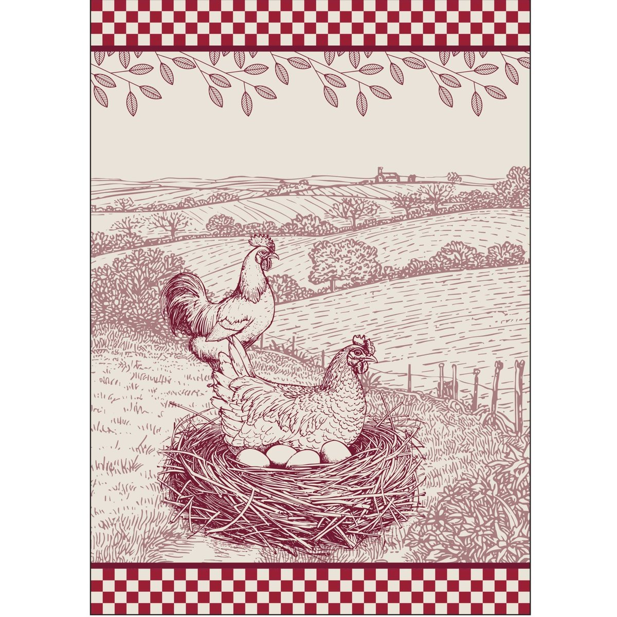 Torchon en coton poule campagne rouge, SUD ETOFFE