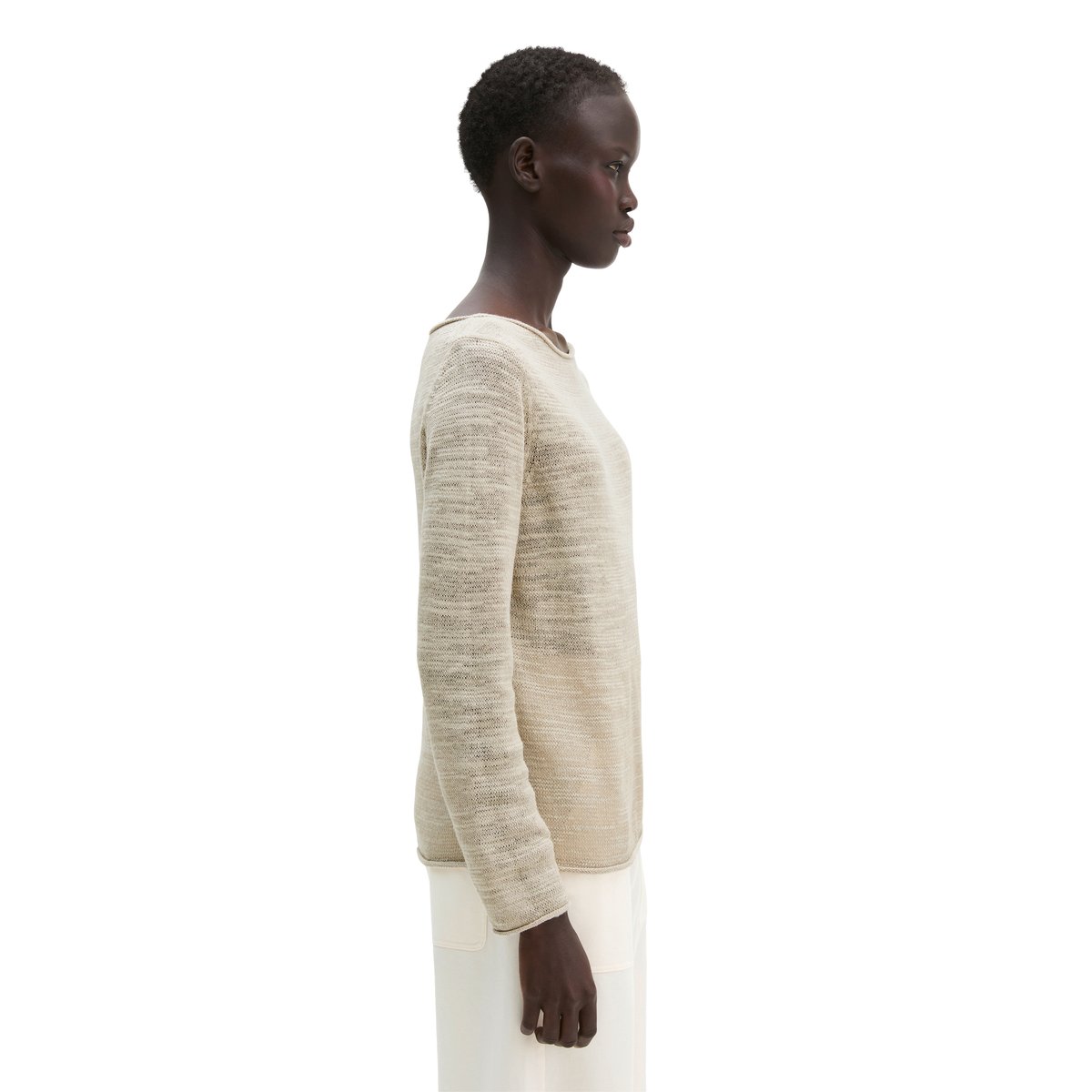 Pull slub slim en mélange de lin et de coton beige, MARC O'POLO