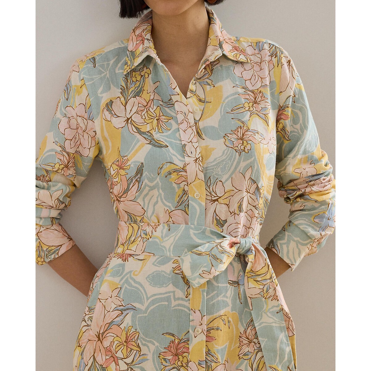 Vestido camisero de manga larga de lino con estampado de flores estampado crudo, LAUREN RALPH LAUREN