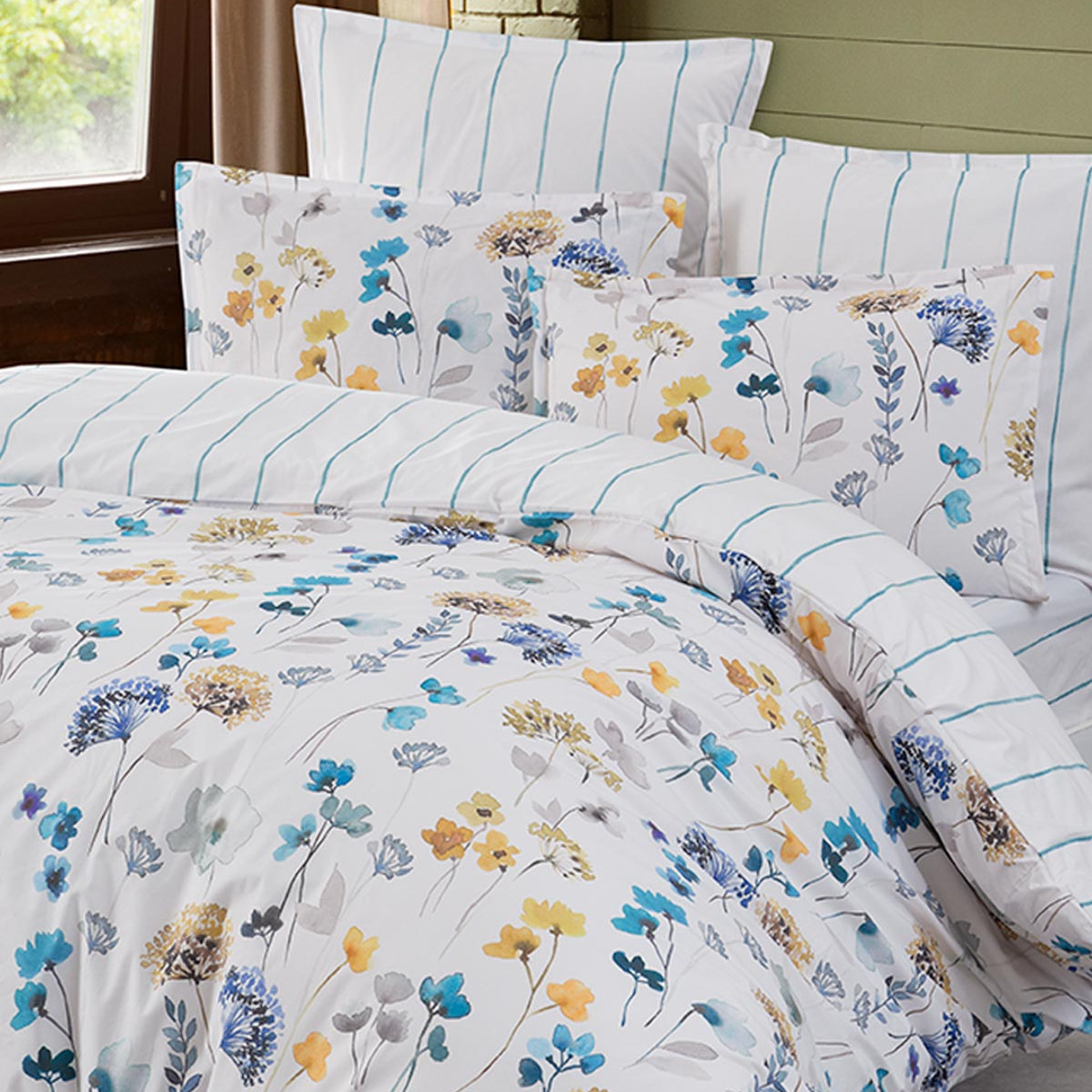 Parure housse de couette percale avec 2 taies 50x70 cm AGATHA aqua sea, SENSEI MAISON
