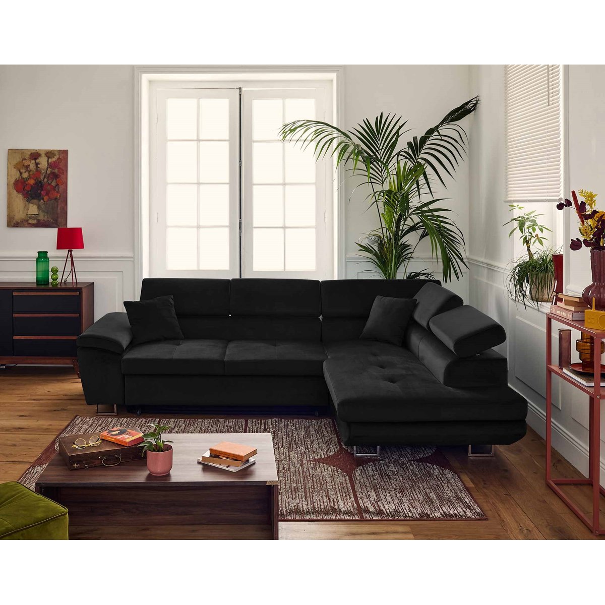 Canapé d'angle droit convertible 5 places, DIMAS noir, BEST MOBILIER