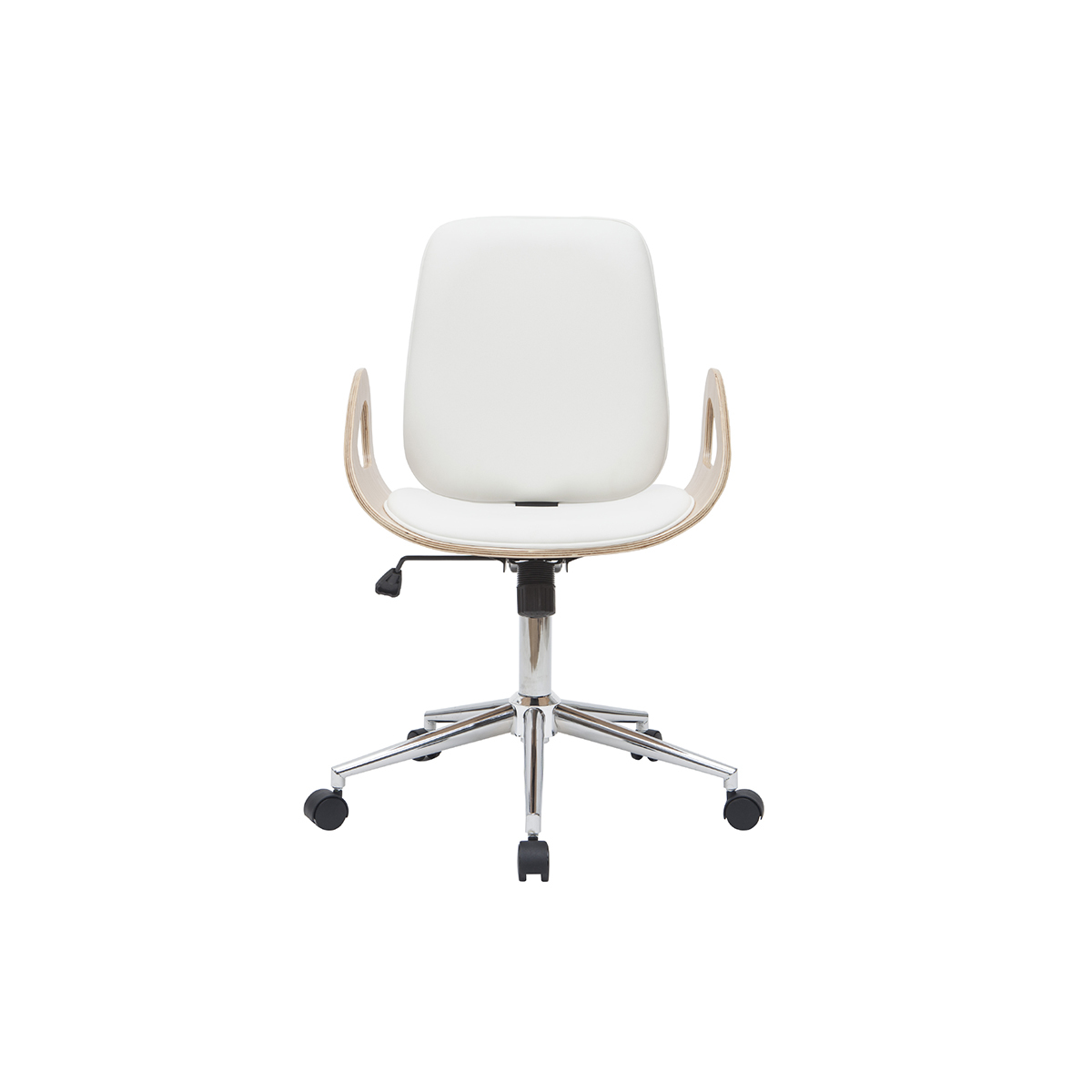 Chaise de bureau à roulettes design blanc, bois clair et acier chromé GLORY blanc, MILIBOO