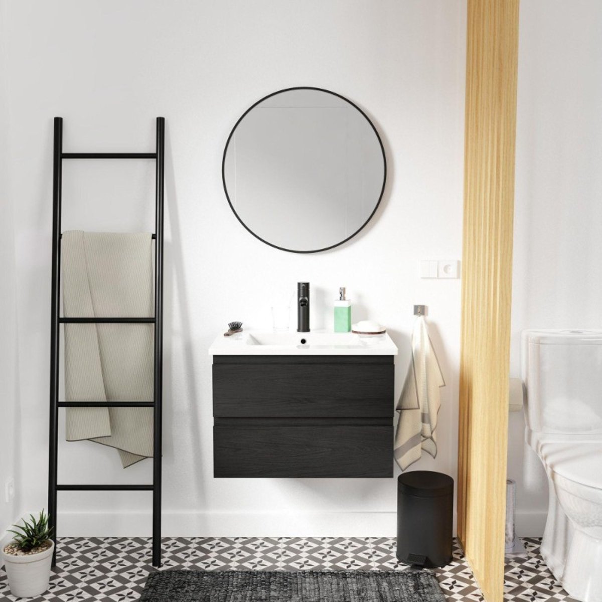Meuble simple +vasque+robinet+miroir SORRENTO décor chêne carbone, MOB IN