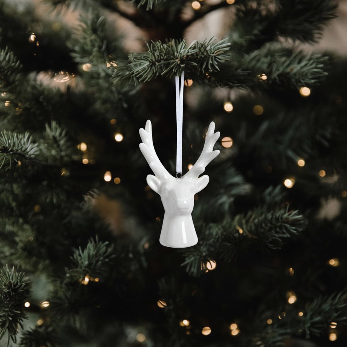 Suspension décorative de noël tête de renne en grès H7 blanc, SIA DECO