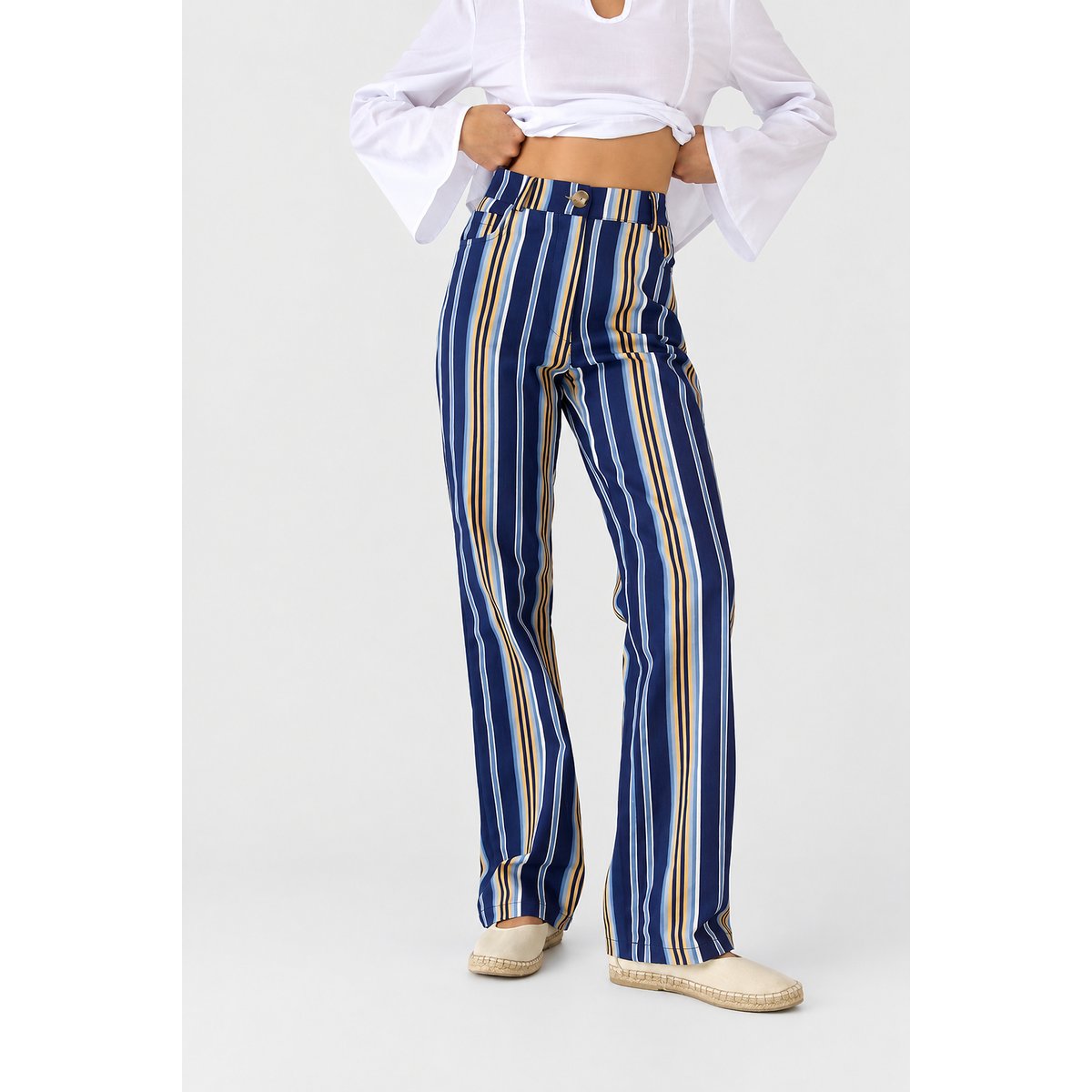 Jean rayé taille mi-haute INÉS bleu / bleu ciel / jaune / blanc, MINDTRAVELER