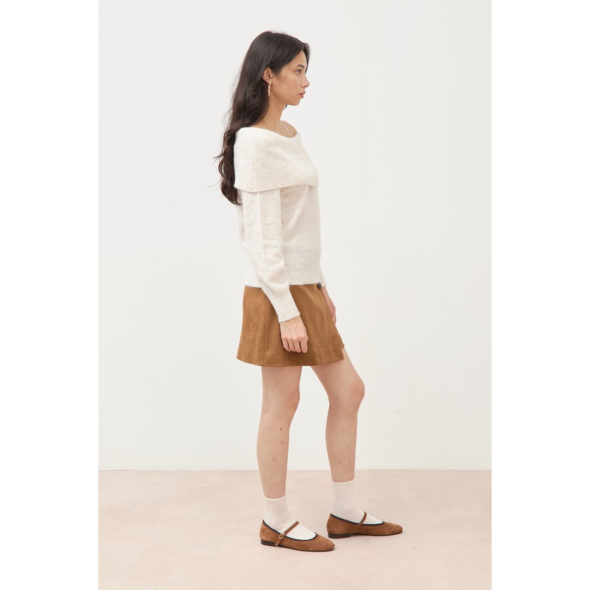 Pull droit manches longues bardot ecru, BONOBO