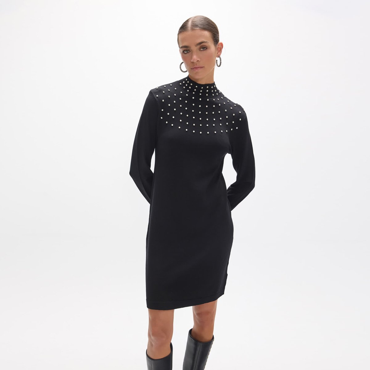 Robe pull col montant à  sequins manches longues noir, LOLA CASADEMUNT