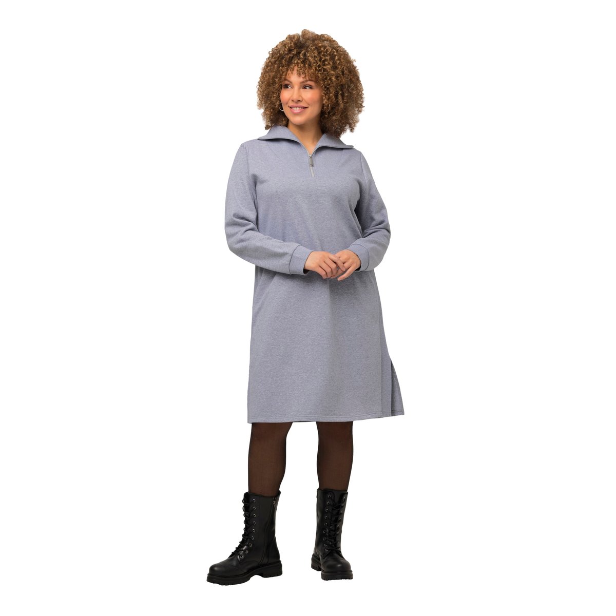 Robe en molleton à col camionneur et manches gris clair chiné, ULLA POPKEN