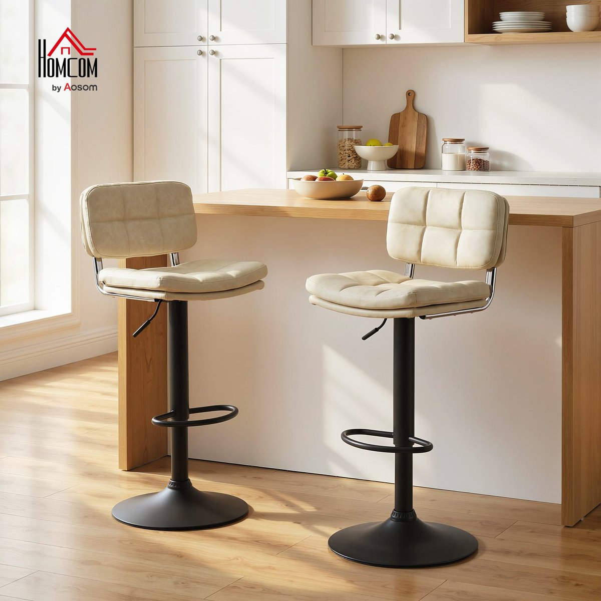 Tabouret de bar Revêtement synthétique PU crème, noir, HOMCOM