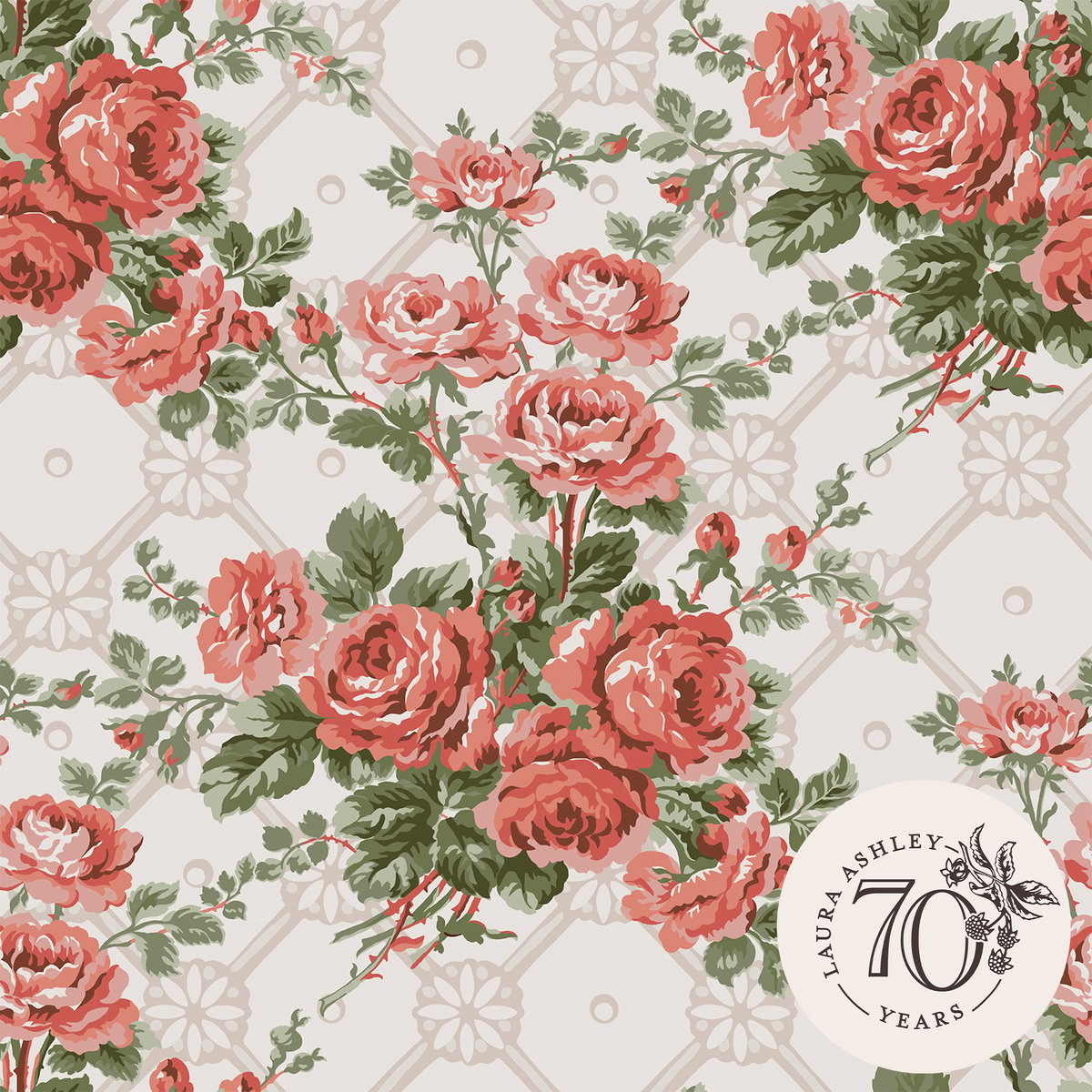 Papier peint fleuri Bouquets de roses Country rouge rosé, LAURA ASHLEY