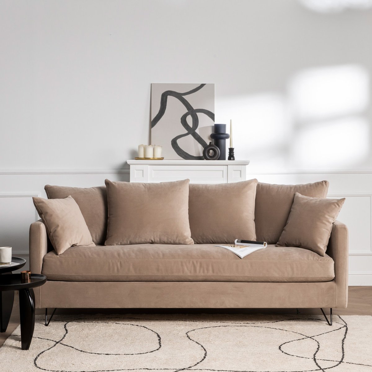 Canapé convertible 4 places en velours pieds épingles noirs- VILLABON beige, DRAWER