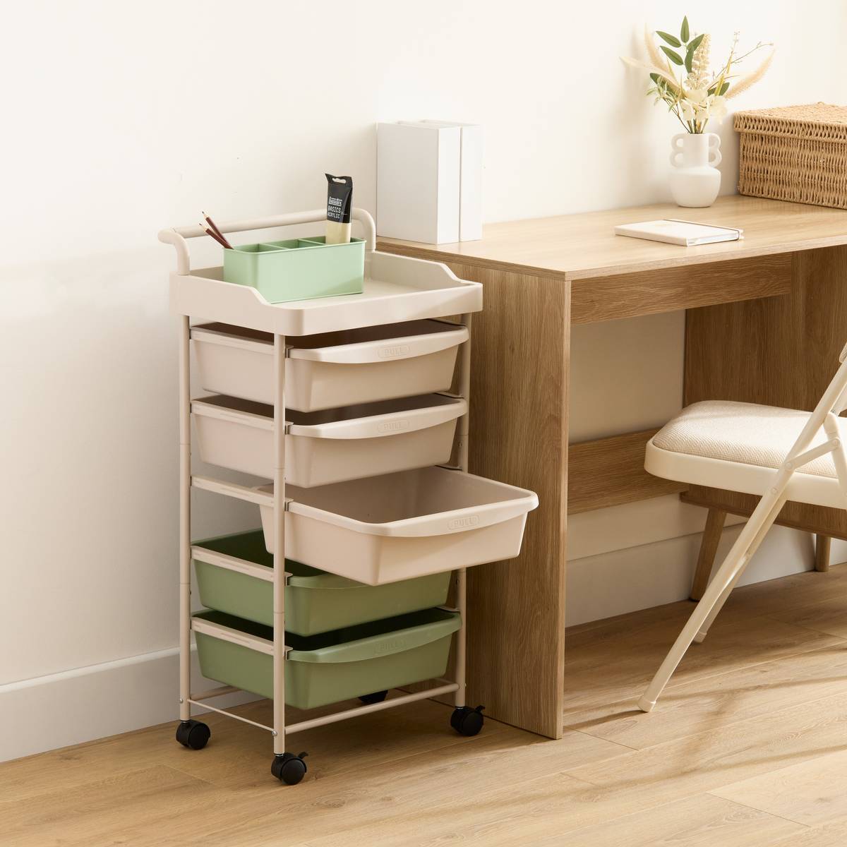 Tour de rangement 5 tiroirs avec roulettes en acier et plastique DESKOLOR beige, 5FIVE SIMPLY SMART