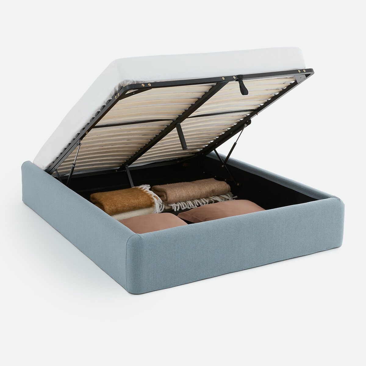 Lit coffre, tissu chenille texturée, sommier relevable, BOLEA bleu, LA REDOUTE INTERIEURS