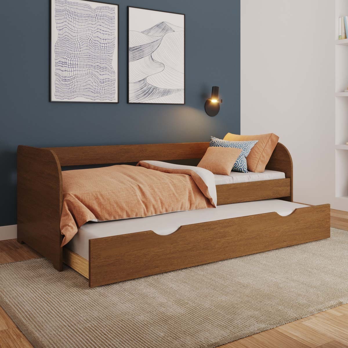 Pack lit banquette gigogne avec matelas Bois massif ZIRA noisette, AKITEN RETAIL