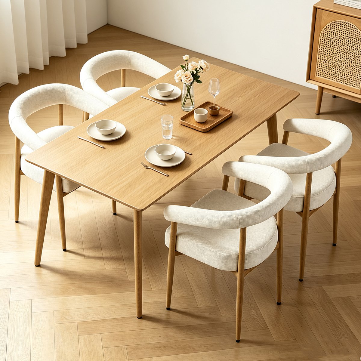 Lot de 4 fauteuils de salle à manger modernes en tissu chenille, HUGG blanc, MEUBLES COSY