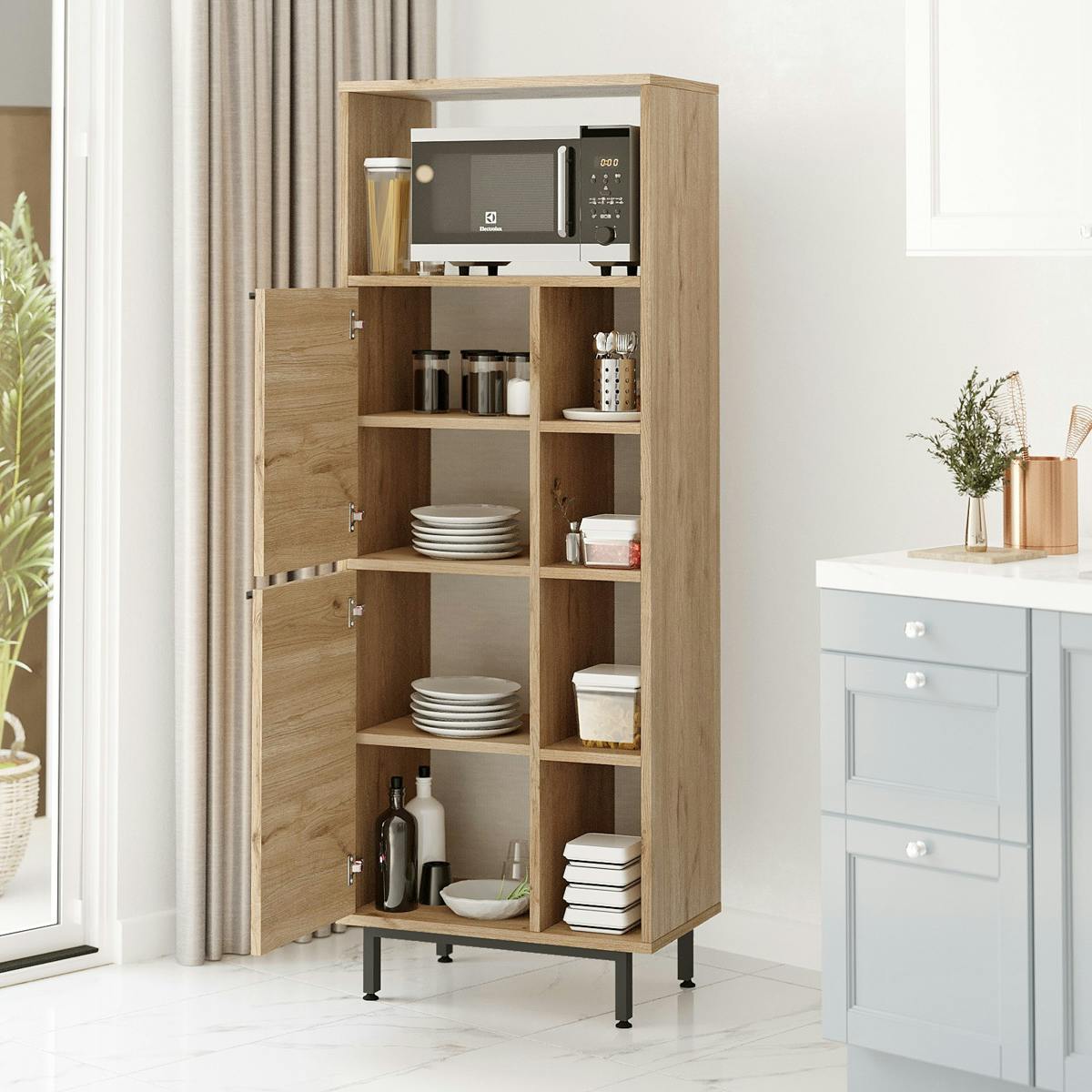 Colonne rangement cuisine niche micro-ondes décor bois JENA bois naturel, PIER IMPORT