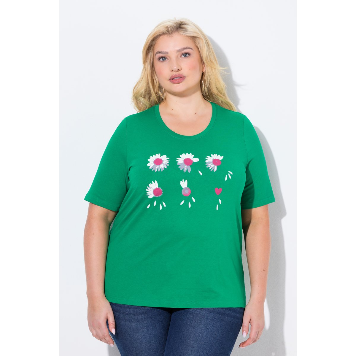 T-shirt à fleurs. Coupe Classic Fit. Col vert émeraude, ULLA POPKEN