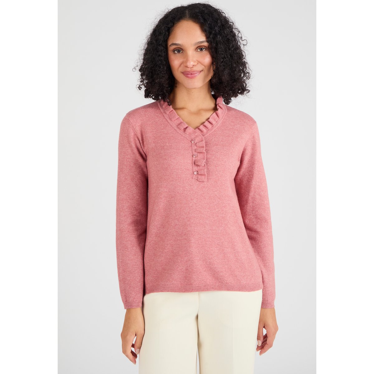 Pull col à volant mélange laine Thermolactyl vieux rose, DAMART