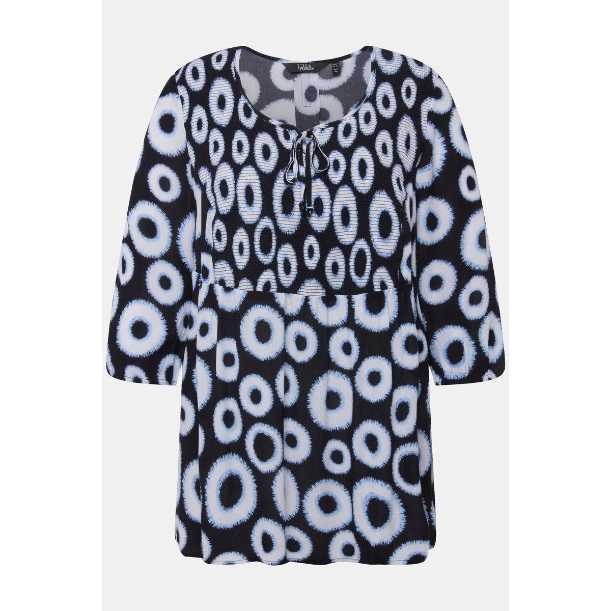 Blouse smockée à motif cercles. Col rond marine, ULLA POPKEN