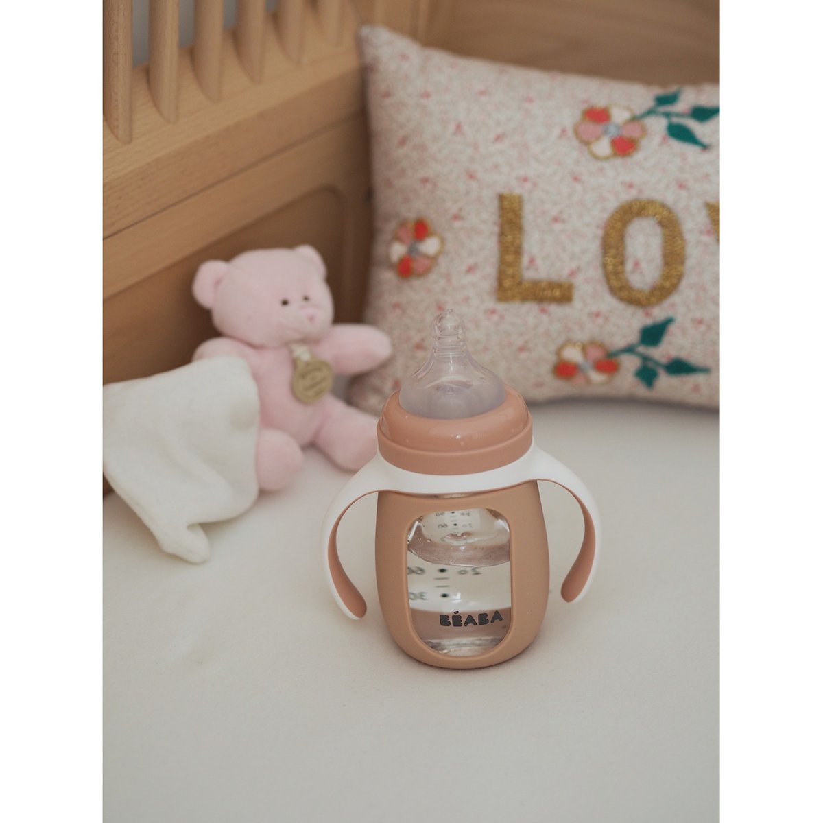 Biberon verre + housse silicone 2 en 1 rose ancienne, BEABA