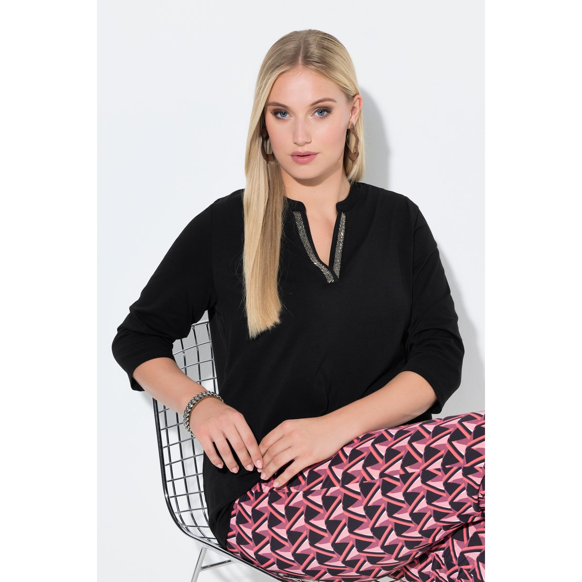 T-shirt long, col tunisien et manches 3/4 noir, ULLA POPKEN