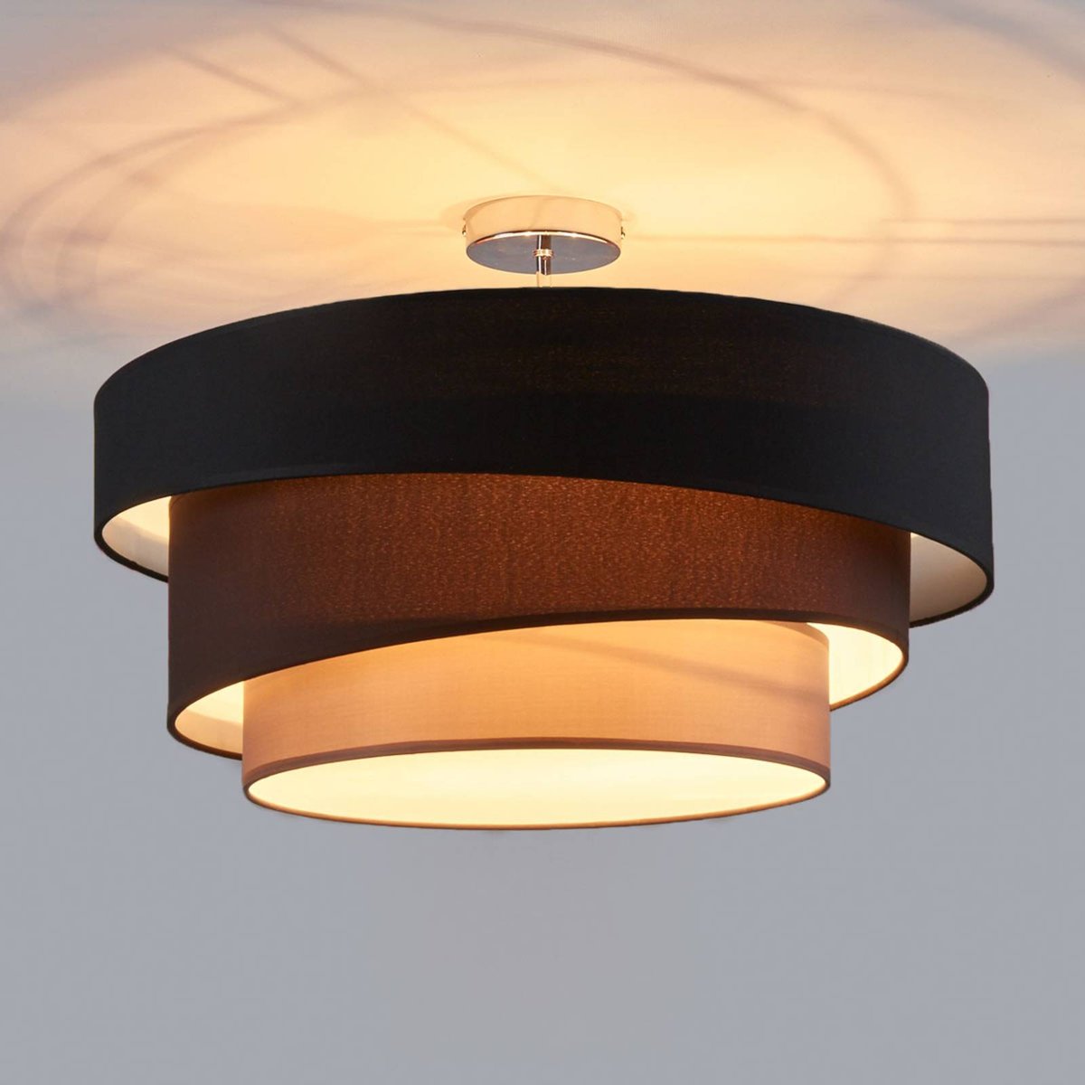 Plafonnier en textile moderne, Melia noir, marron, gris, chrome, LINDBY