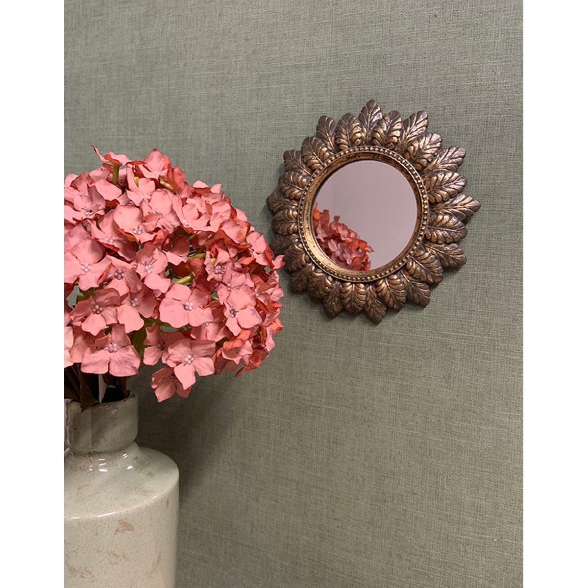 Miroir plumes rond patiné 18.6cm or, EMDE
