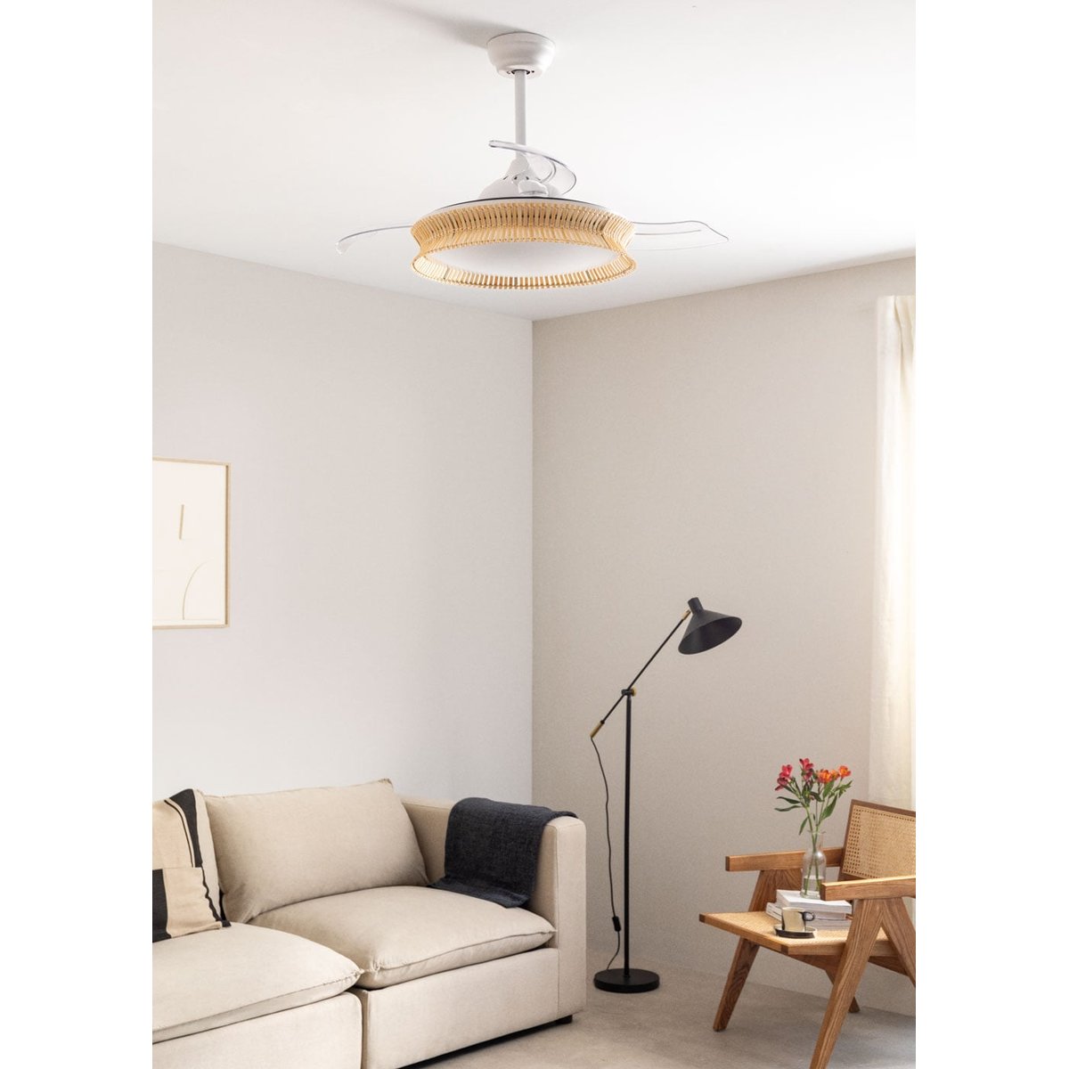 Ventilateur plafondsilencieux40 avec eclaraige avec Wi-Fi WIND CLEAR RATTAN blanc/nœud, CREATE