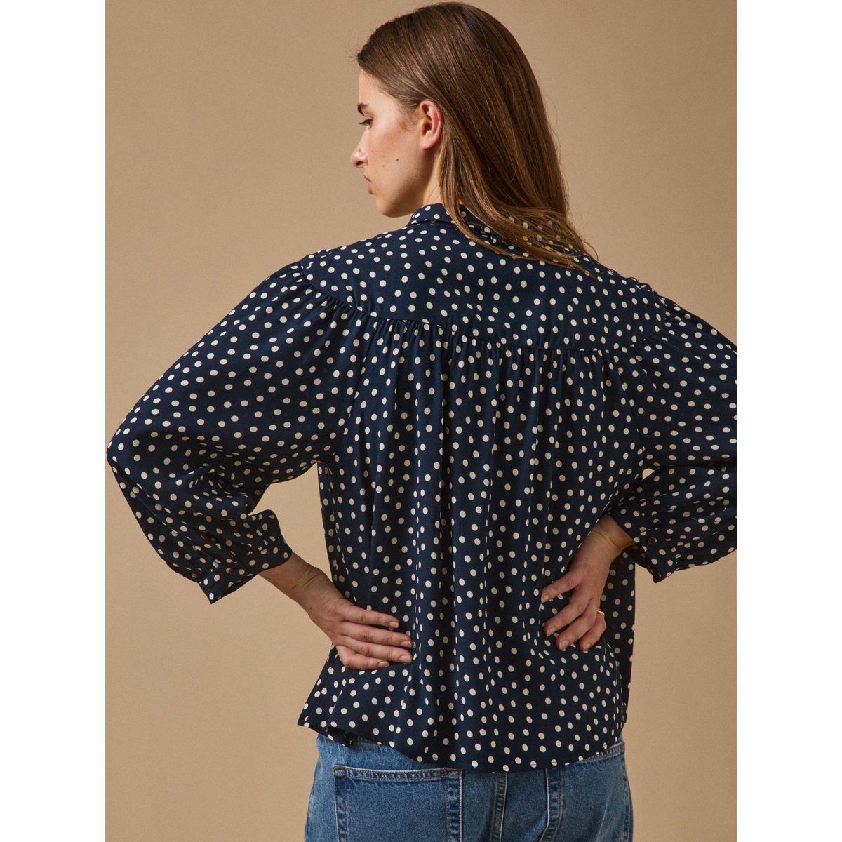 Chemise  imprimé pois pois ecru fond encre, CYRILLUS