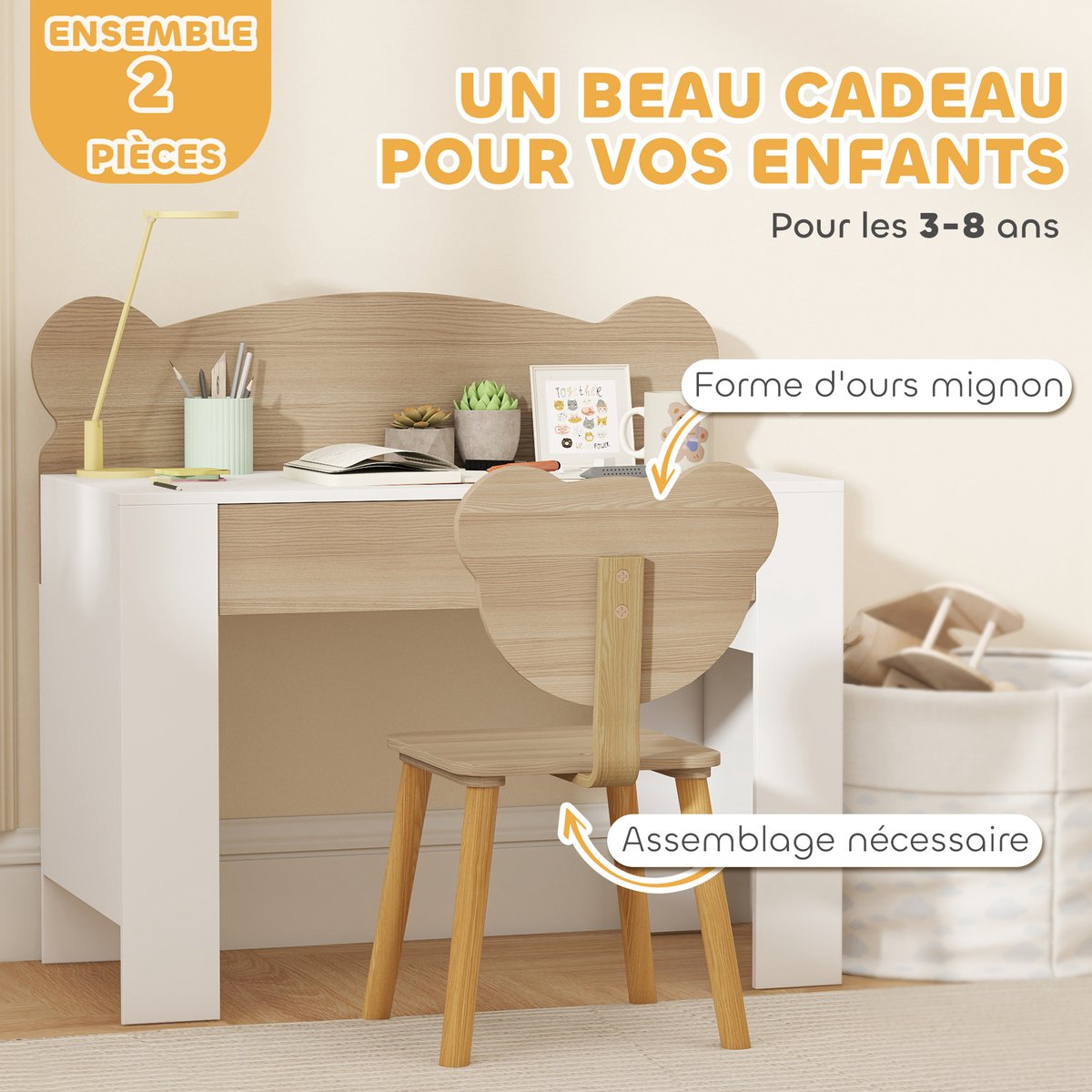 Bureau d'étude pour enfants avec chaise MDF bois naturel et blanc, AIYAPLAY