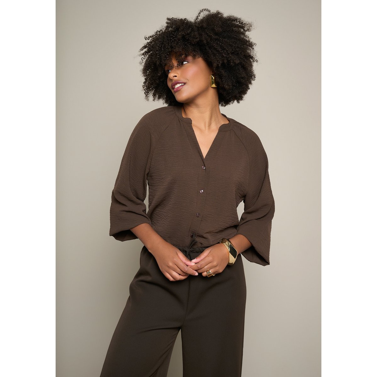 Blouse fluide à col mao brun fonce chocolate, LOLALIZA