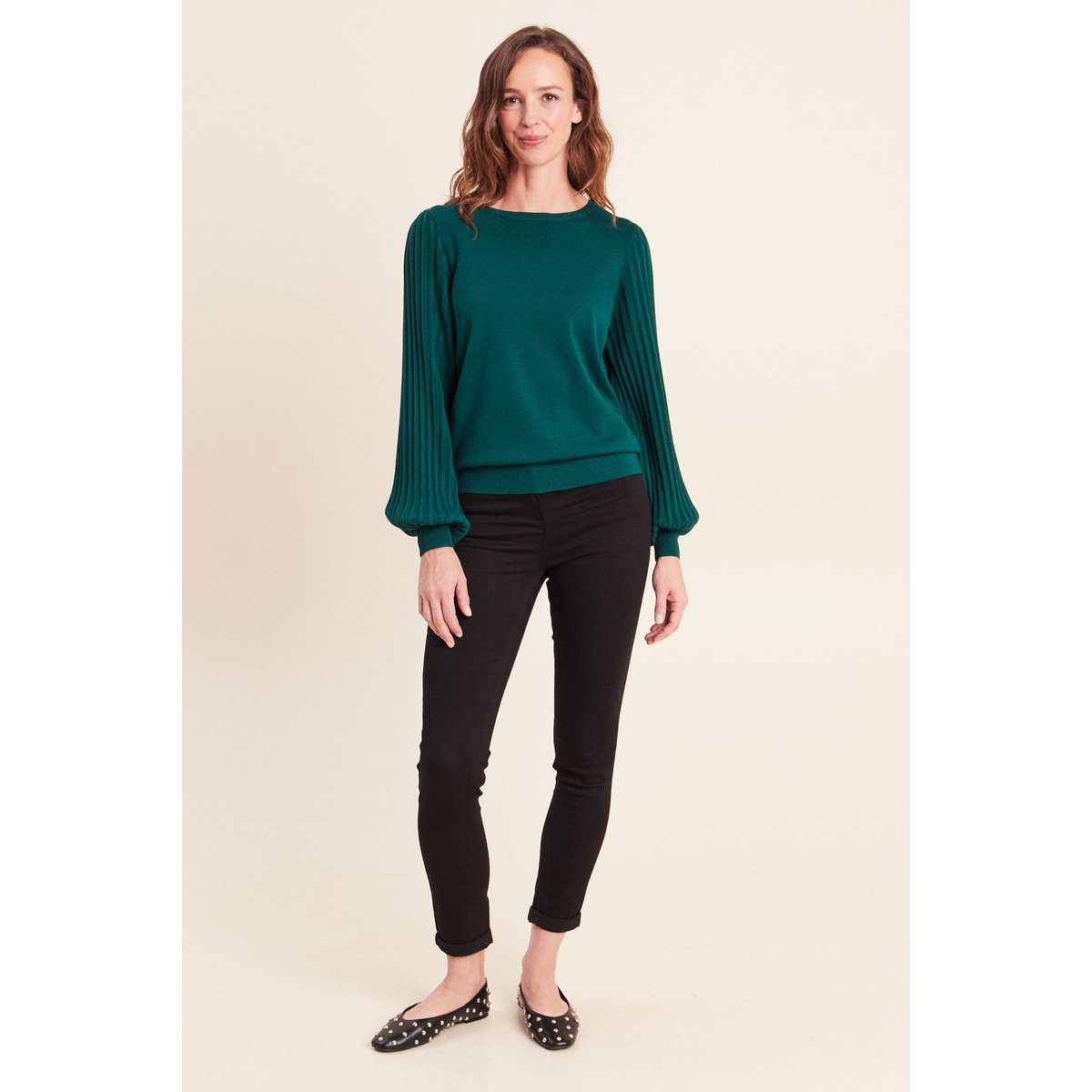 Pull cintré col rond manches longues vert foncé, BREAL