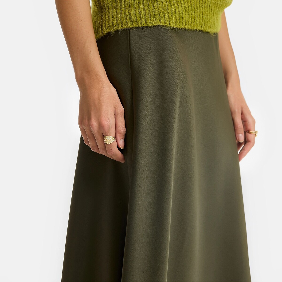 Matt Satin Full Elasticated Waist Midi Skirt khaki green, LA REDOUTE COLLECTIONS
