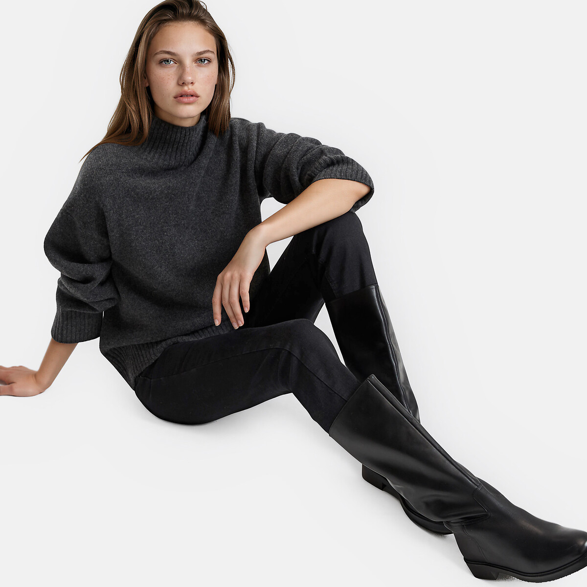Large Knit Wool Turtleneck Jumper charcoal grey marl, LA REDOUTE COLLECTIONS