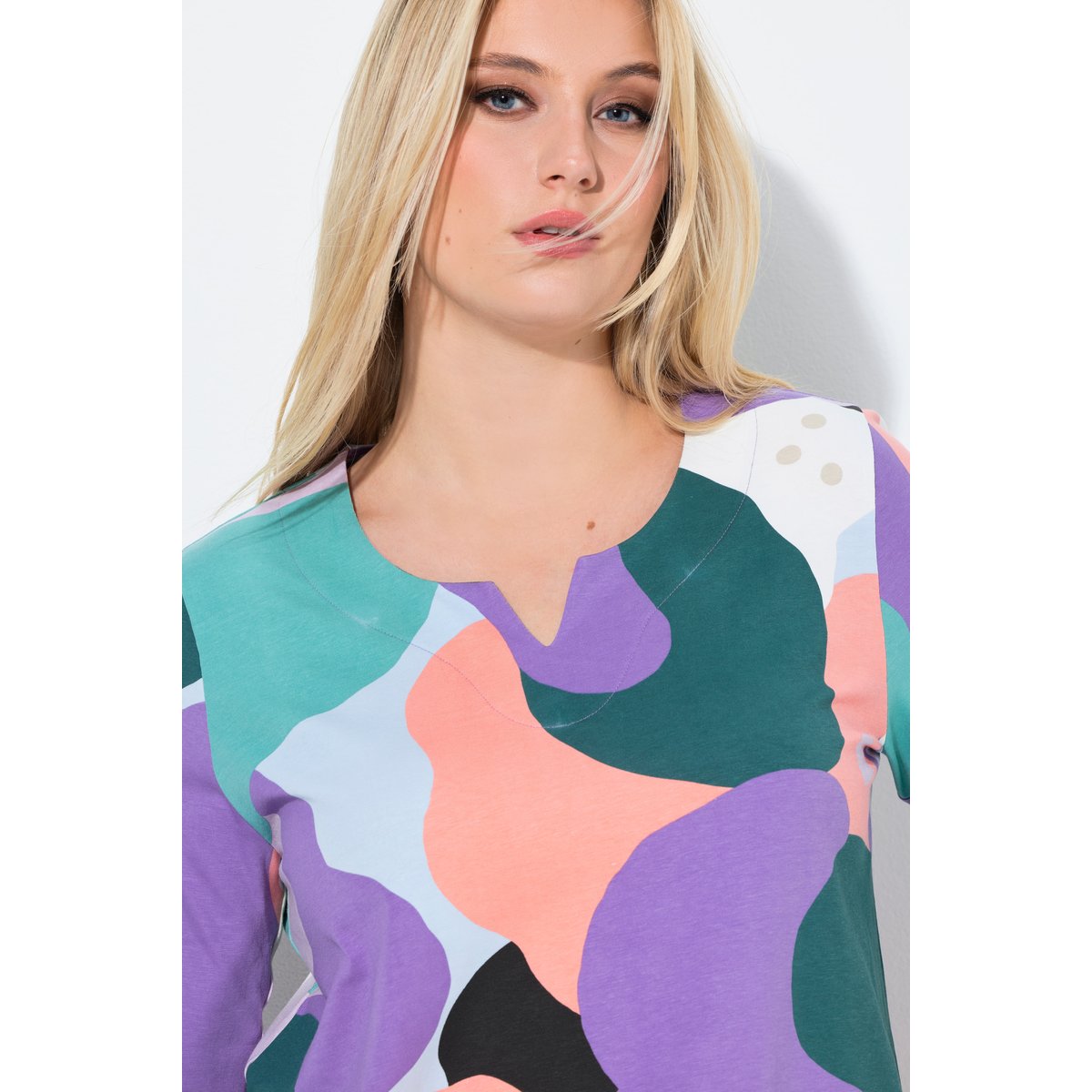 T-shirt col tunisien et manches 3/4 violet, ULLA POPKEN