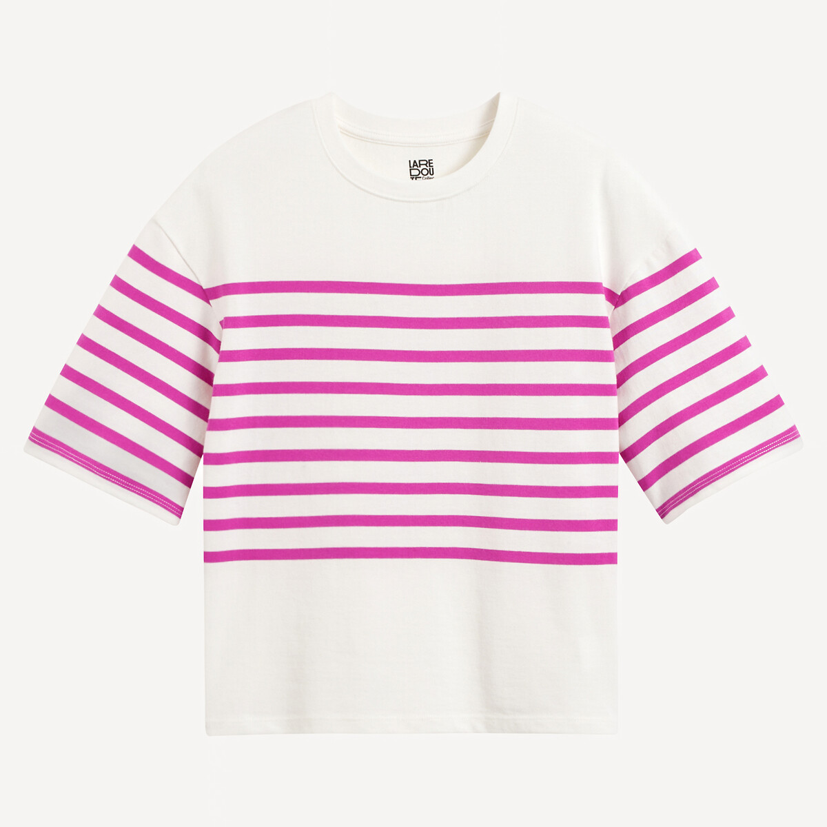 Short-Sleeved Striped T-Shirt 4-14 Years ecru/pink stripe, LA REDOUTE COLLECTIONS