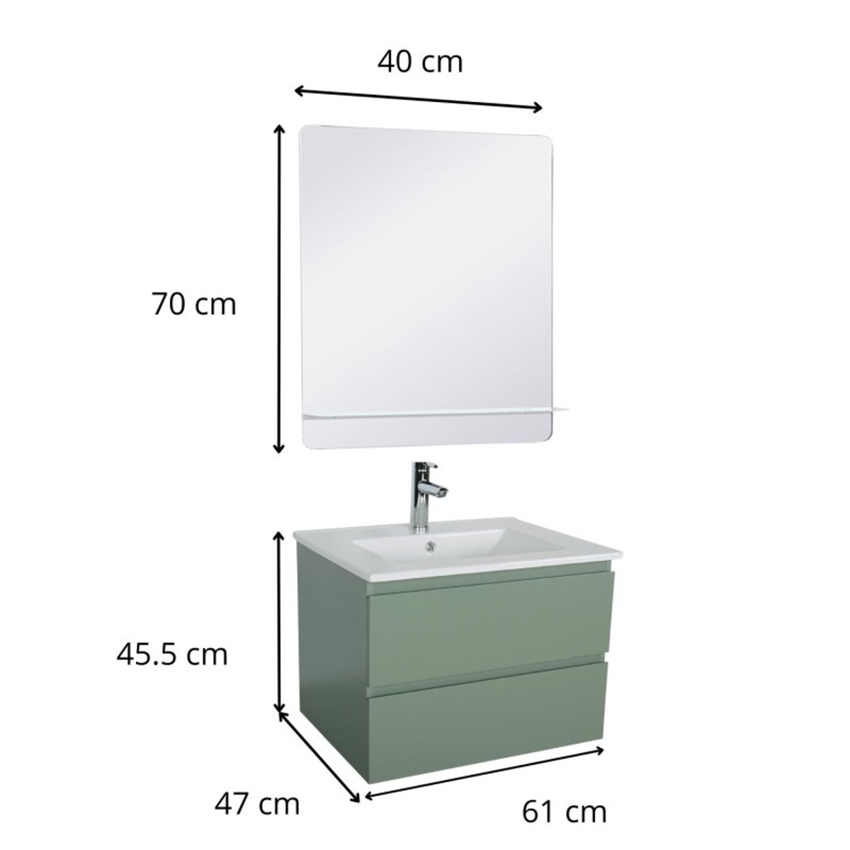 Ensemble meuble simple vasque 60 cm + robinet + miroir SORRENTO vert, MOB IN