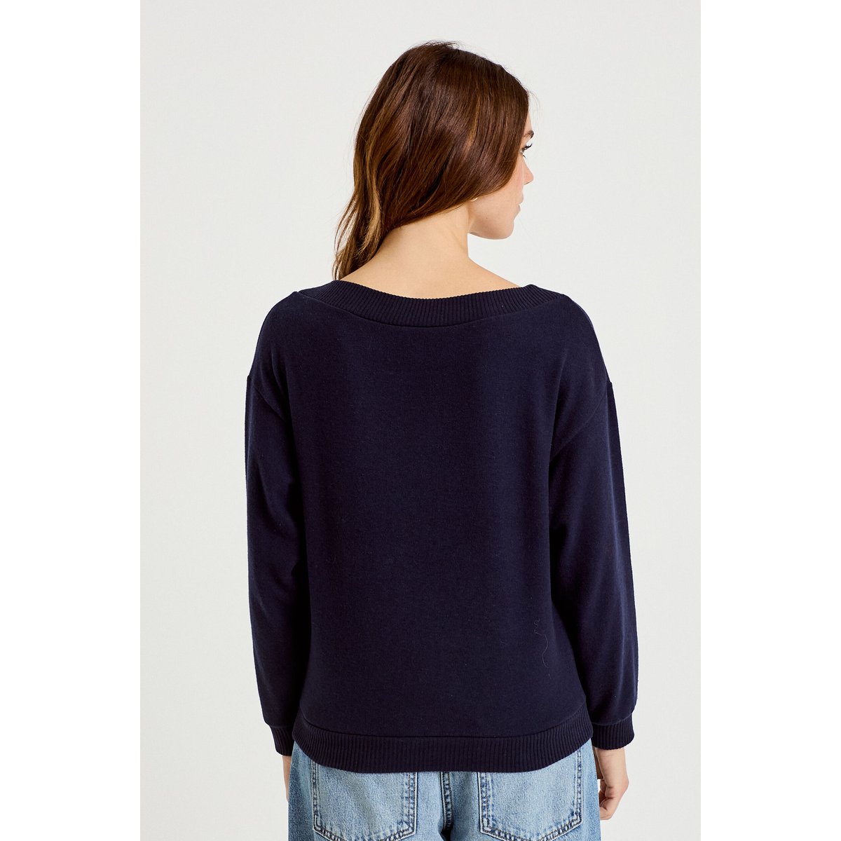 Sweat duveteux col rond manches longues bleu marine, CACHE CACHE