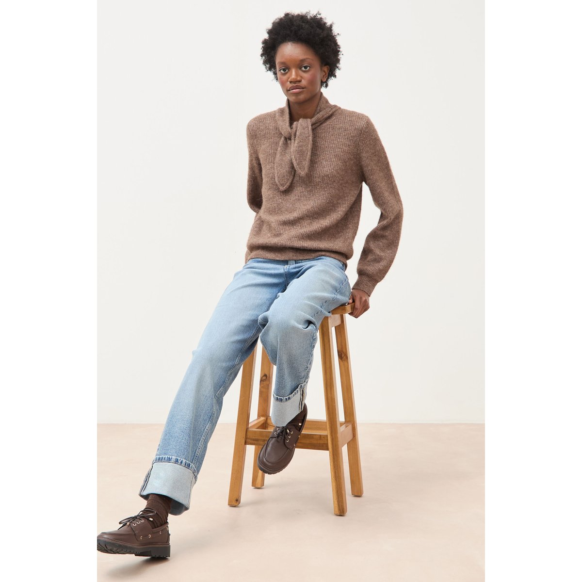 Pull droit col montant manches longues marron, BONOBO