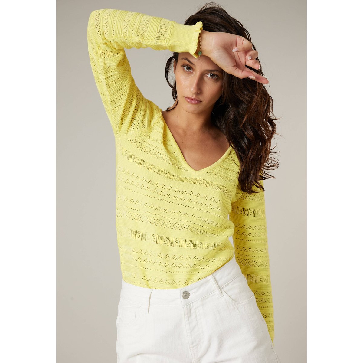 Pull femme en maille ajourée JUNA jaune, DEELUXE