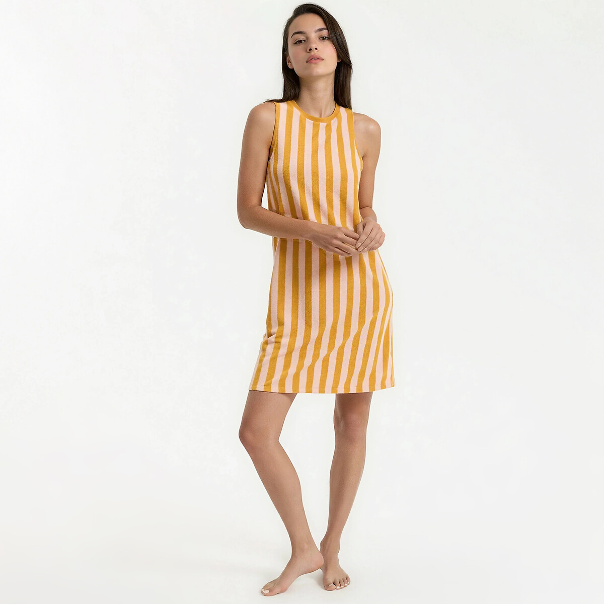 Chemise de nuit rayée, en maille éponge rayé rose/camel, LA REDOUTE COLLECTIONS