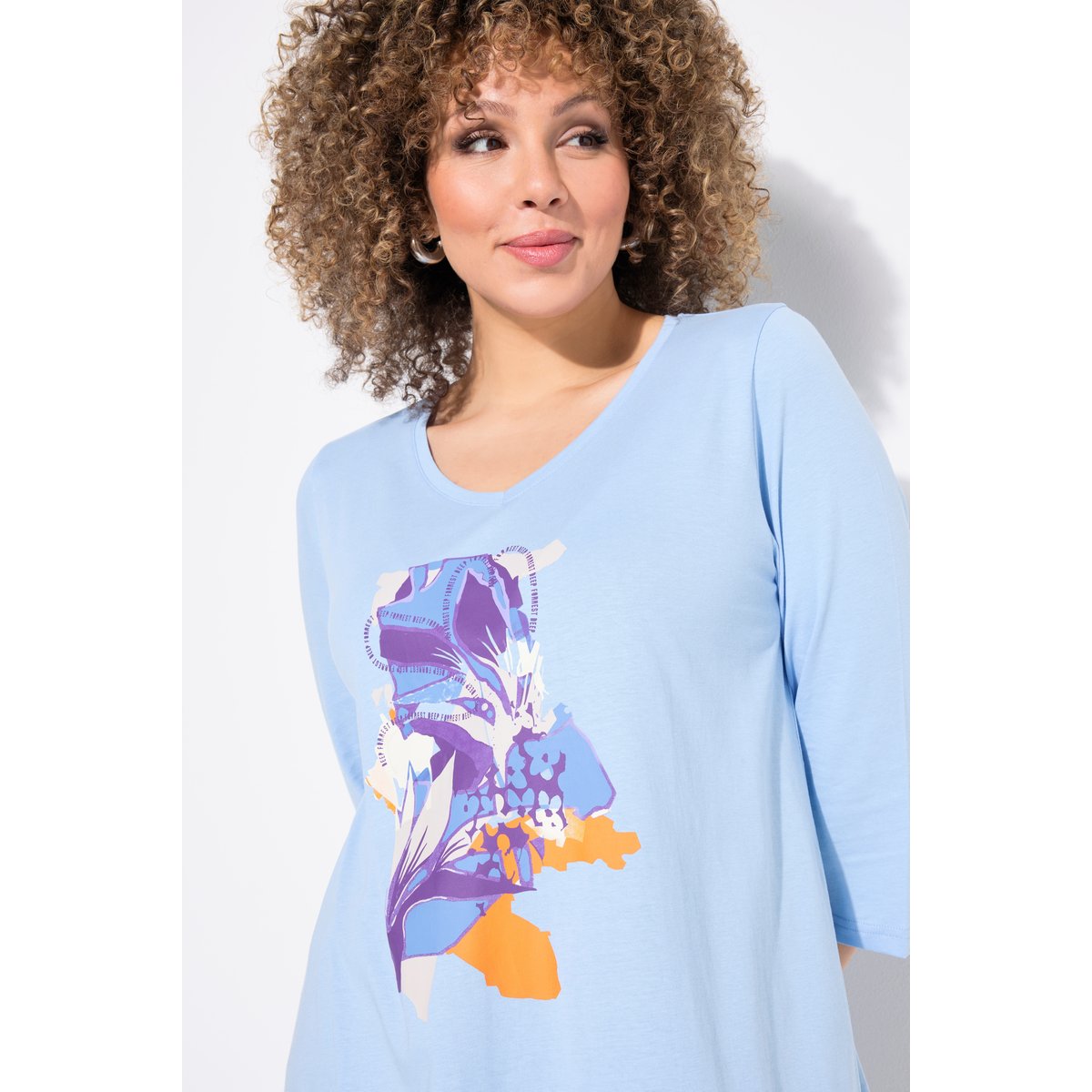 T-shirt motif à fleurs, coupe évasée bleu clair, ULLA POPKEN